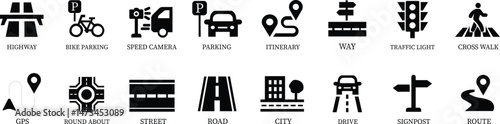 Road icon set.Road forks icon. Road sections of different shapes.vector icon illustration isolated on white background.Containing street, highway, traffic light, intersection and roundabout symbol.