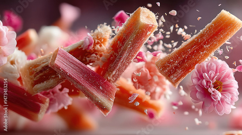 Rhubarb and blossoms suspended in mid-air, vibrant colors, dynamic motion, finely chopped pieces