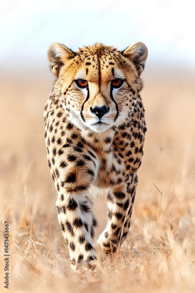 A cheetah with a serious expression walks toward the camera in a grassy field A cheetah with a serious expression walks toward the camera in a grassy field
