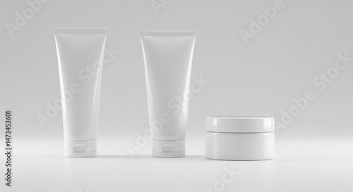 Blank white cosmetic tubes and jar, studio shot. Empty containers arranged on a light gray background.