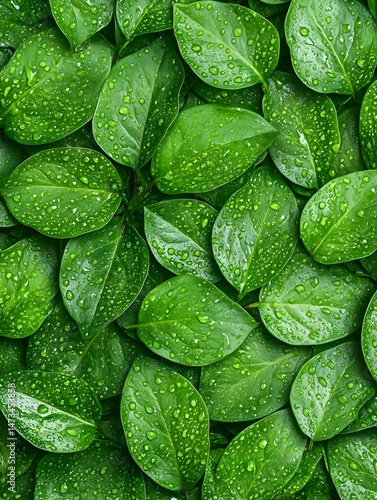 A close-up shot of vibrant green leaves, each adorned with glistening water droplets, creating a refreshing and natural aesthetic