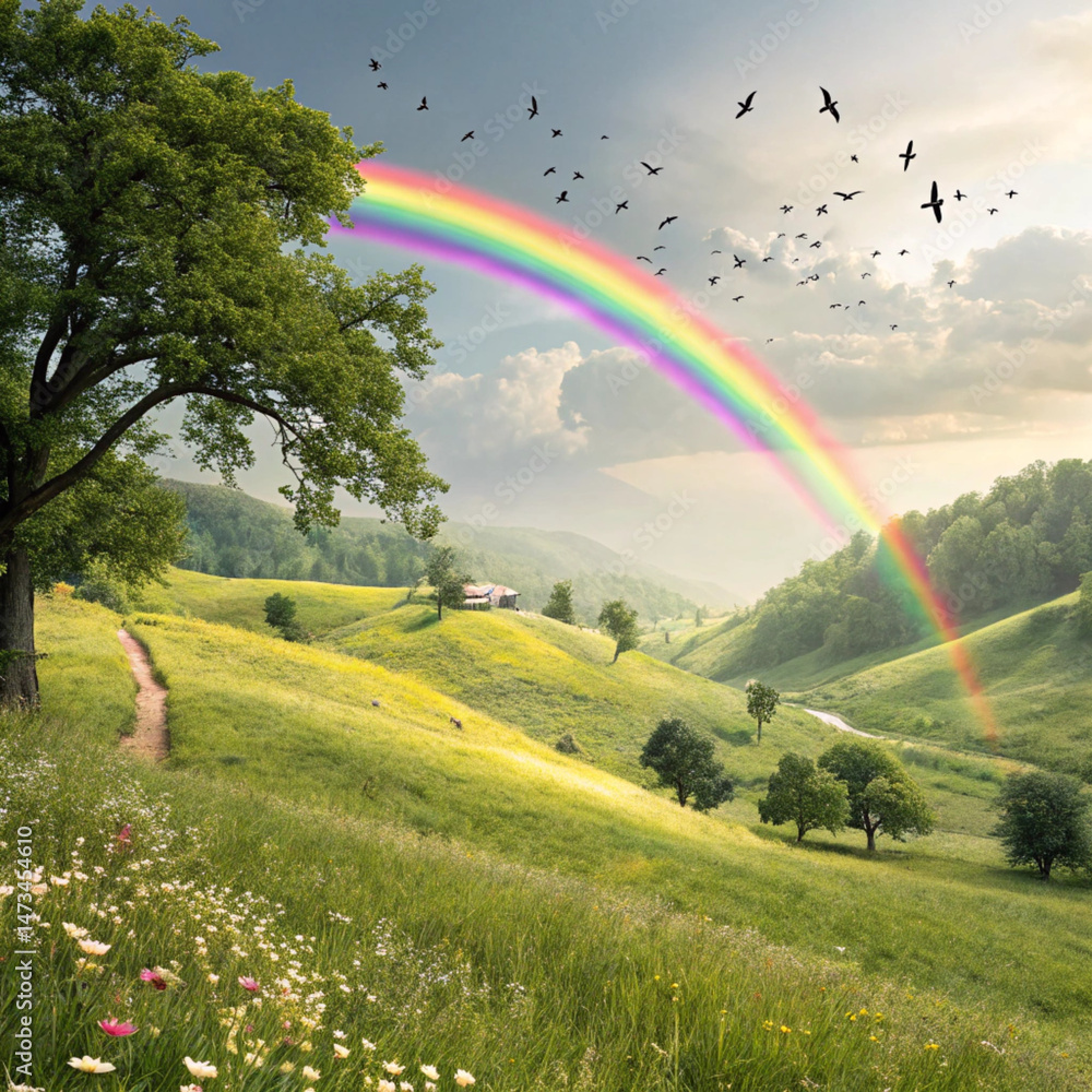 Naklejka premium landscape with rainbow