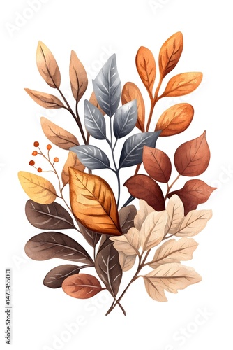 A vibrant arrangement of autumn leaves in hues of brown, orange, yellow, and gray, with a few small red berries