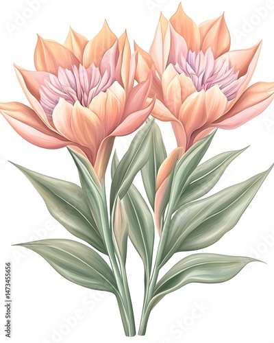 Two delicate peach-colored flowers with pink centers and green leaves