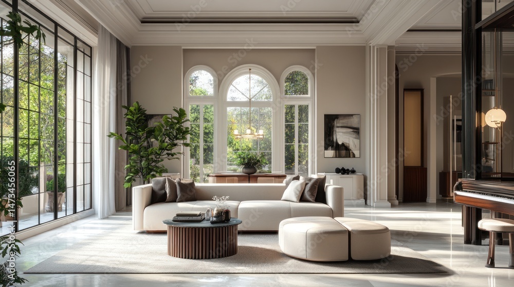 Fototapeta premium Luxurious, spacious living room with large windows overlooking a garden