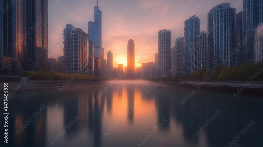 Sunrise over Chicago cityscape reflected in calm waters Sunrise over Chicago cityscape reflected in calm waters