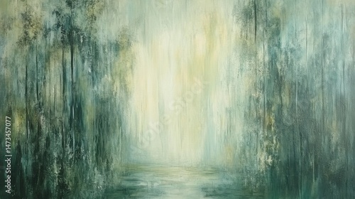 Tranquil Forest Scene with Soft Lighting and Misty Atmosphere in Shades of Green and Yellow