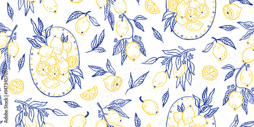 Lemon pattern. Seamless background with Italian Amalfi fruit. Lemon print. Line summer vector illustration with citrus fruit. Mediterranean Italy blue seamless pattern. Hand drawn Italian Amalfi bg