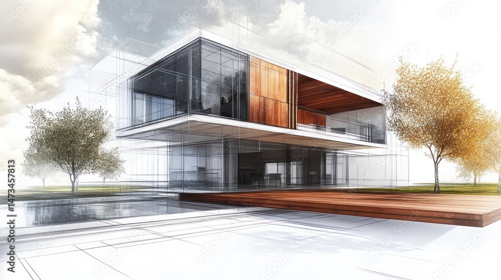 Obraz premium Modern architectural design, sketch, and 3D rendering of a contemporary house