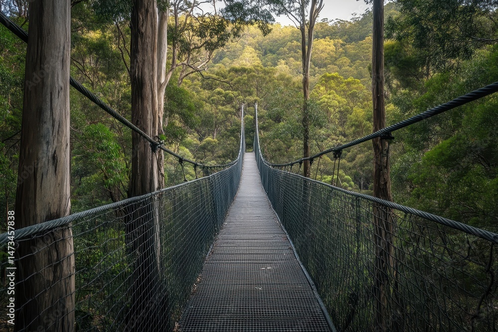 Obraz premium Explore the stunning hanging bridge nature trail in Australia surrounded by lush greenery, Hanging bridge nature trail in Australia Walk path above forest