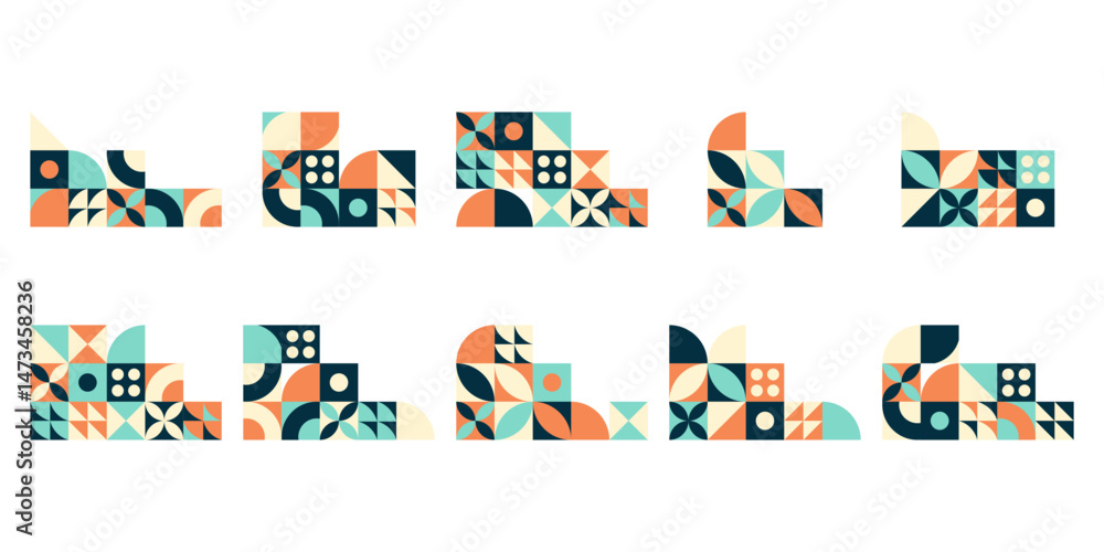 Set of mosaic geometric corner pattern for modern, creative, colorfull business border frame design Set of mosaic geometric corner pattern for modern, creative, colorfull business border frame design