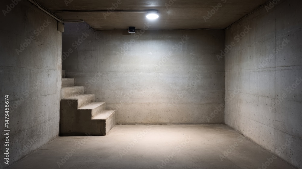 Obraz premium Rough concrete walls surround a dimly lit underground cellar, featuring a staircase and a flickering bulb that enhance the eerie ambiance of the space