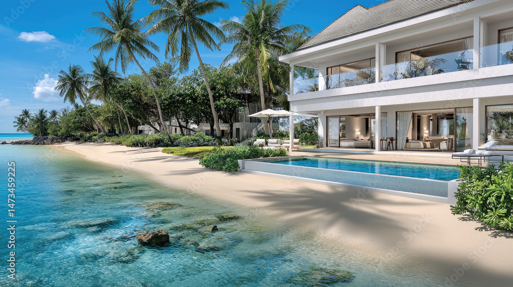 Fototapeta premium Luxury villa beach palm tree ocean tropical modern sunny relaxation
