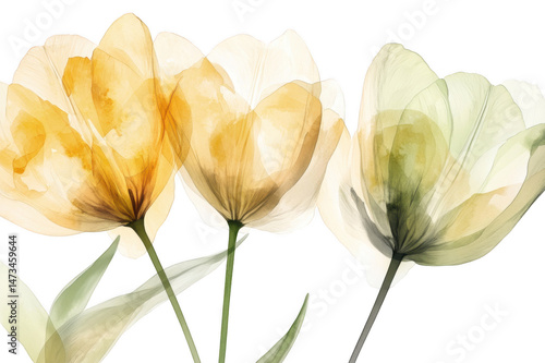 Watercolor painting of three tulips with yellow and white petals on stems on transparent background png