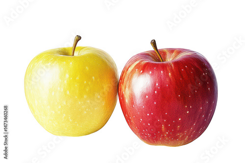 Close up of a yellow and red apple side by side on a dark color background on transparent background png
