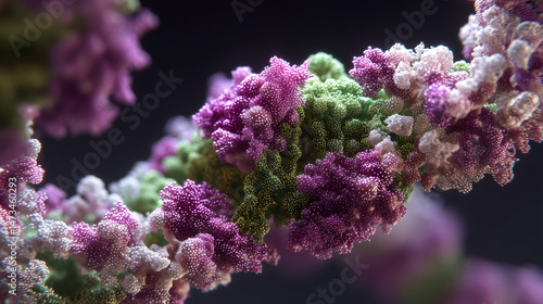 Protein ligand complex with detailed molecular structure in purple and green colors, showing intricate biological interaction in scientific visualization