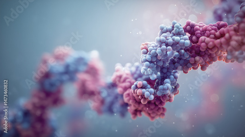 Protein folding molecular structure, scientific animation showing complex biological process with blue and pink spheres representing atoms in 3D space, detailed and dynamic visualization