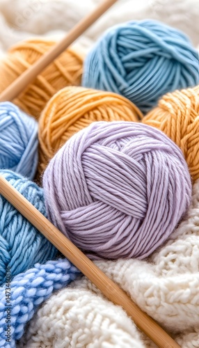 A close-up of a collection of yarn balls and knitting needles on a white knitted fabric