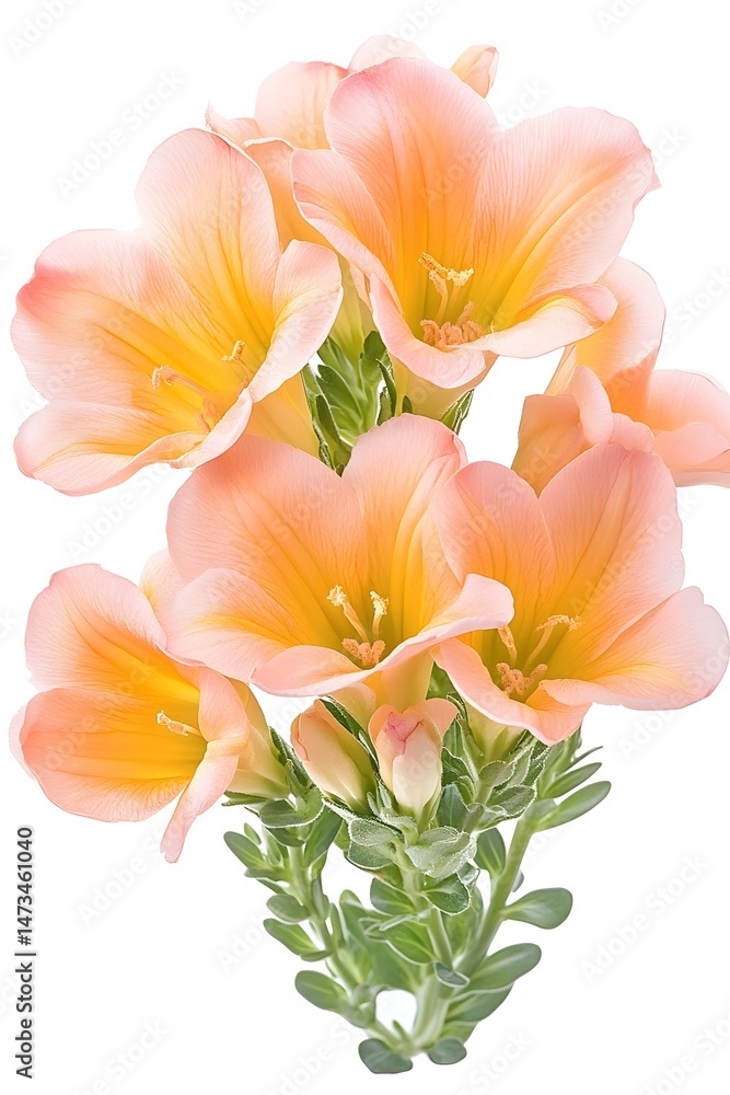 A cluster of delicate, peach-colored flowers with yellow centers and green foliage A cluster of delicate, peach-colored flowers with yellow centers and green foliage