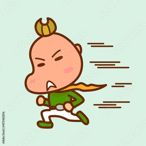 顔を真っ赤にして全力で走る男の子（正面向き）／
A boy running with his face all red (facing forward)
