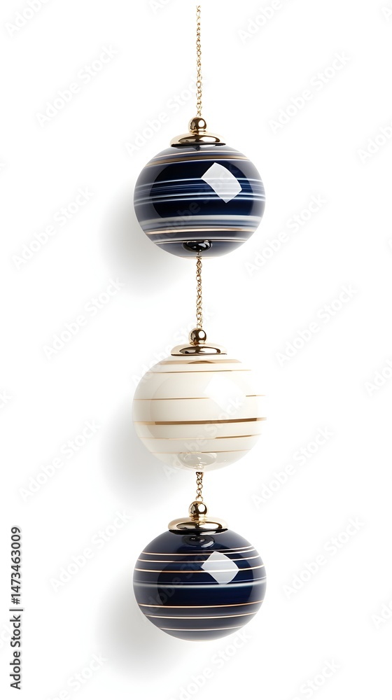Three glass ornaments, two blue with white stripes and one white with gold stripes, hang on a string Three glass ornaments, two blue with white stripes and one white with gold stripes, hang on a string