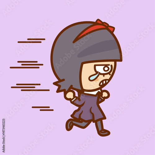 泣きながら逃げるように全力で走る女の子（横向き）／A girl runs as fast as she can while crying (sideways)