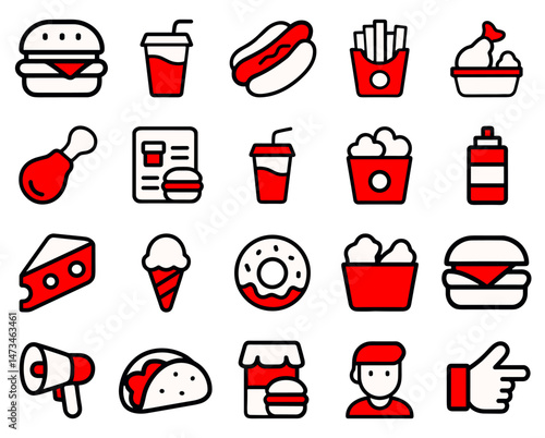 Fast Food Icons Red and White Vector Graphics Set
