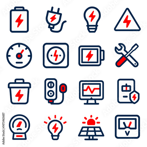 Electricity Icons Set Power, Energy, and Electrical Symbols Collection