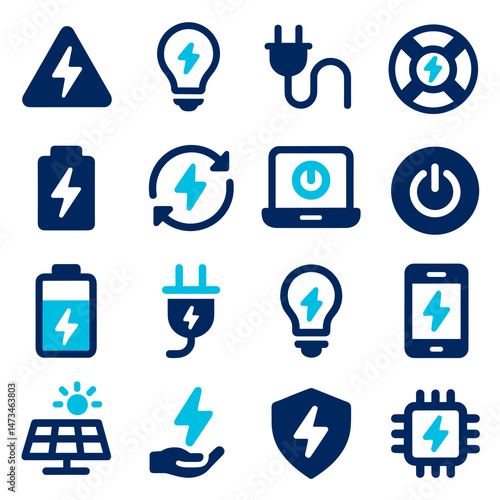 Collection of Energy and Power Icons Blue and Teal Flat Design