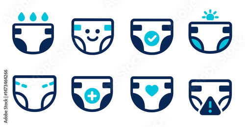 Diaper Icons Set of Eight Vector Illustrations for Baby Products and Healthcare