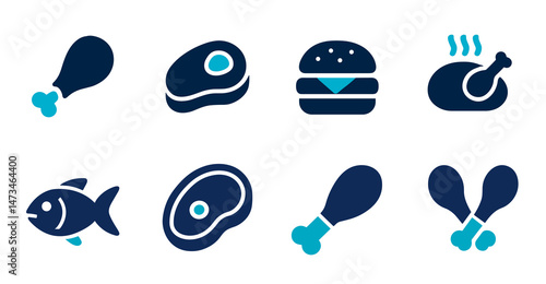 Set of Eight Delicious Food Icons Chicken, Steak, Burger, Fish, and More