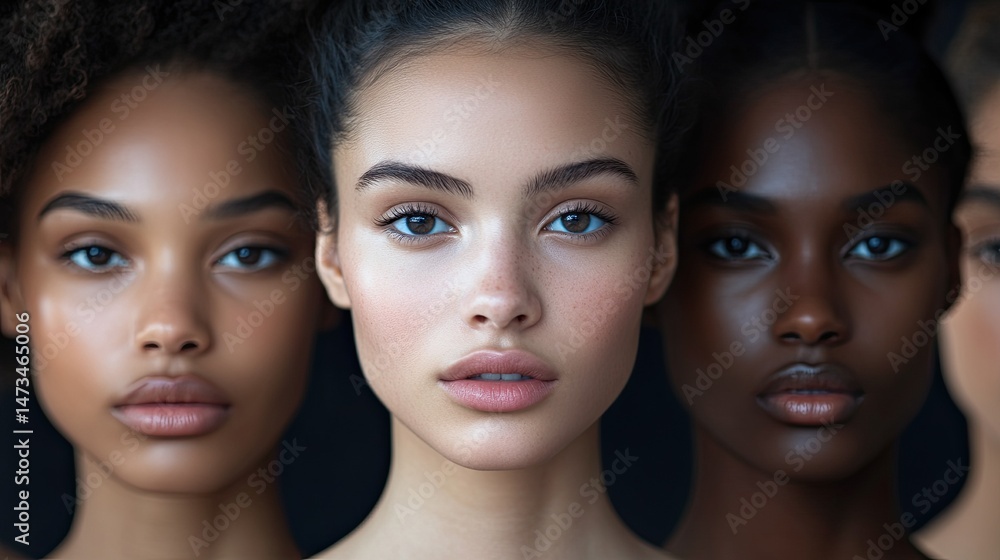 A portrait of diverse women with varying skin tones posing against a dark background together closely A portrait of diverse women with varying skin tones posing against a dark background together closely