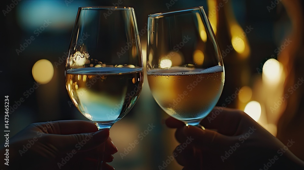 Obraz premium Two hands clink glasses of white wine in a toast against a scenic backdrop of rolling hills and a bright sky.