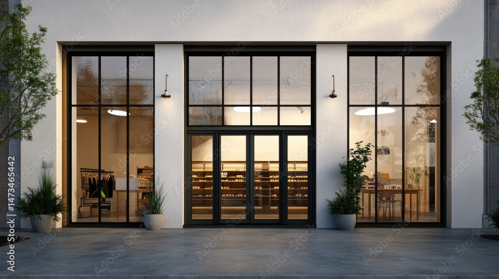 Obraz premium Modern storefront facade with large windows and black metal details