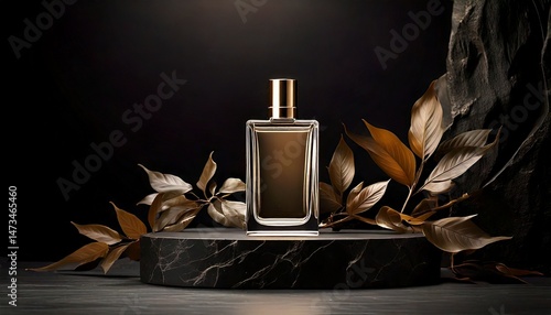 perfume bottle on podium aesthetic dark theme realistic landscape photography