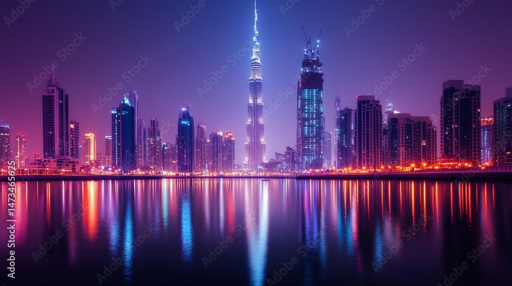 Fototapeta premium Vibrant city skyline at night, reflecting in calm water