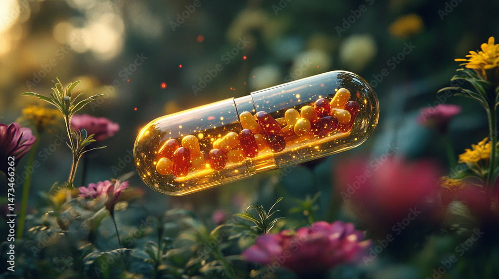 A single herbal medicine capsule floats against a bright neutral-toned background. Symbolizes natural wellness, holistic health, and clean pharmaceutical innovation in a modern minimal composition.