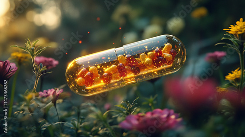 A single herbal medicine capsule floats against a bright neutral-toned background. Symbolizes natural wellness, holistic health, and clean pharmaceutical innovation in a modern minimal composition.

