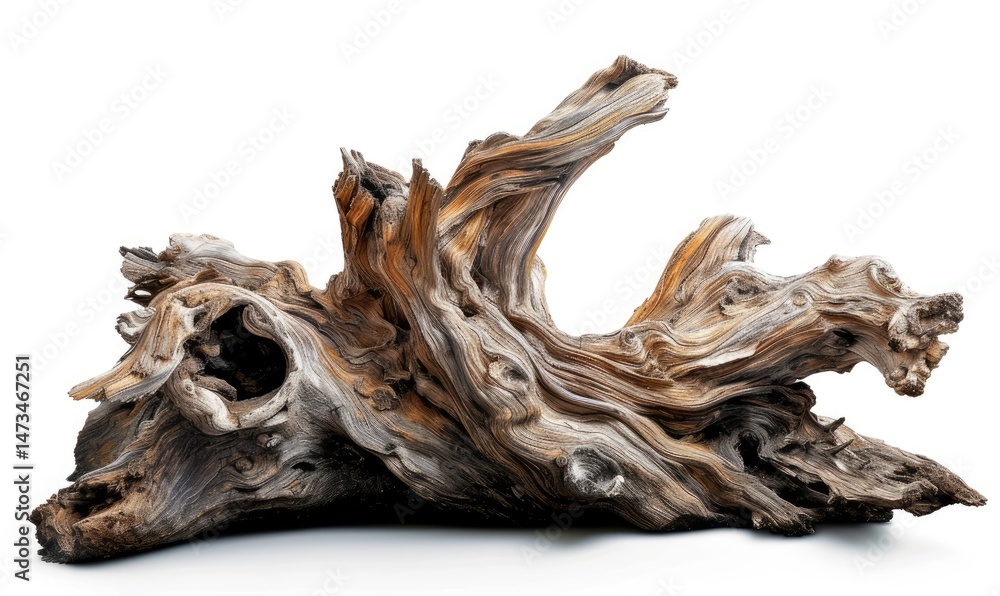 A detailed close-up of a large weathered tree root burl on white background A detailed close-up of a large weathered tree root burl on white background