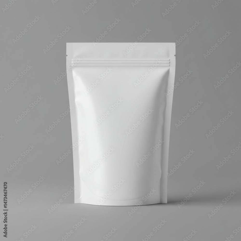 Empty white zipper pouch for product packaging against a neutral backdrop. Blank space for product branding and design. Generic food packaging mockup for promotional use. Empty white zipper pouch for product packaging against a neutral backdrop. Blank space for product branding and design. Generic food packaging mockup for promotional use.