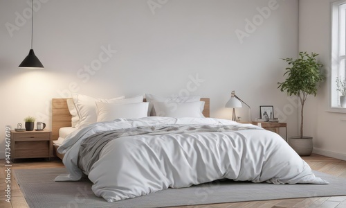 White linens, king bed, minimalist Scandinavian bedroom, bedding, decor, minimalist bedroom