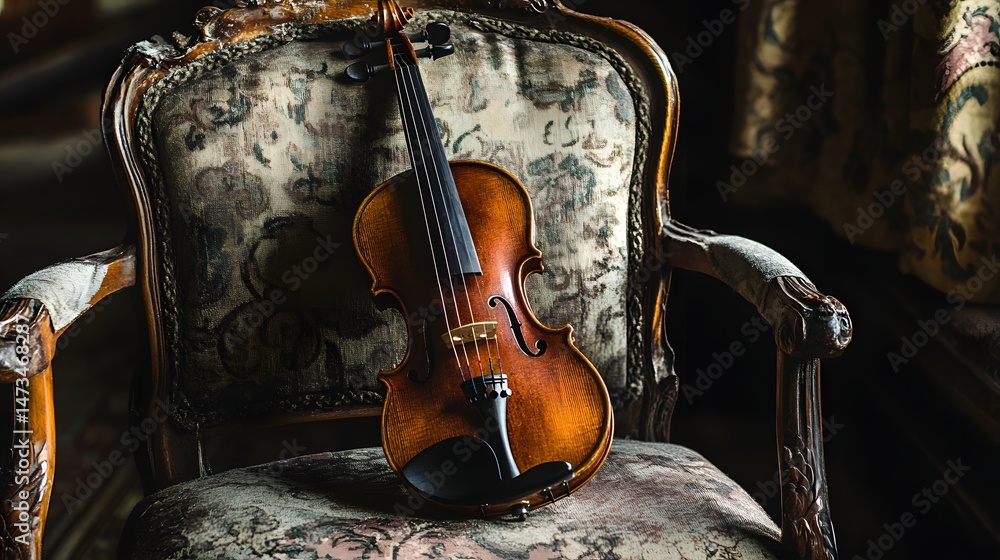 Obraz premium Violin rests on antique chair