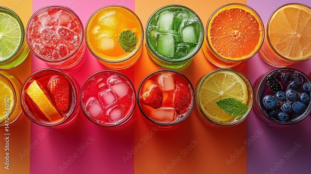 Colorful array of refreshing fruit drinks in glass jars with ice and garnishes. Colorful array of refreshing fruit drinks in glass jars with ice and garnishes.