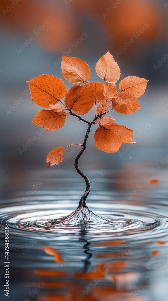 Hyperrealistic falling leaves cascade from a tree, symbolizing surrender and spiritual trust, with serene water reflections and a blurred minimalistic background enhancing the scene's contemplative mo