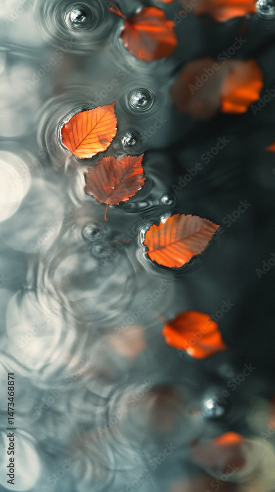 Hyperrealistic falling leaves cascade from a tree, symbolizing surrender and spiritual trust, with serene water reflections and a blurred minimalistic background enhancing the scene's contemplative mo
