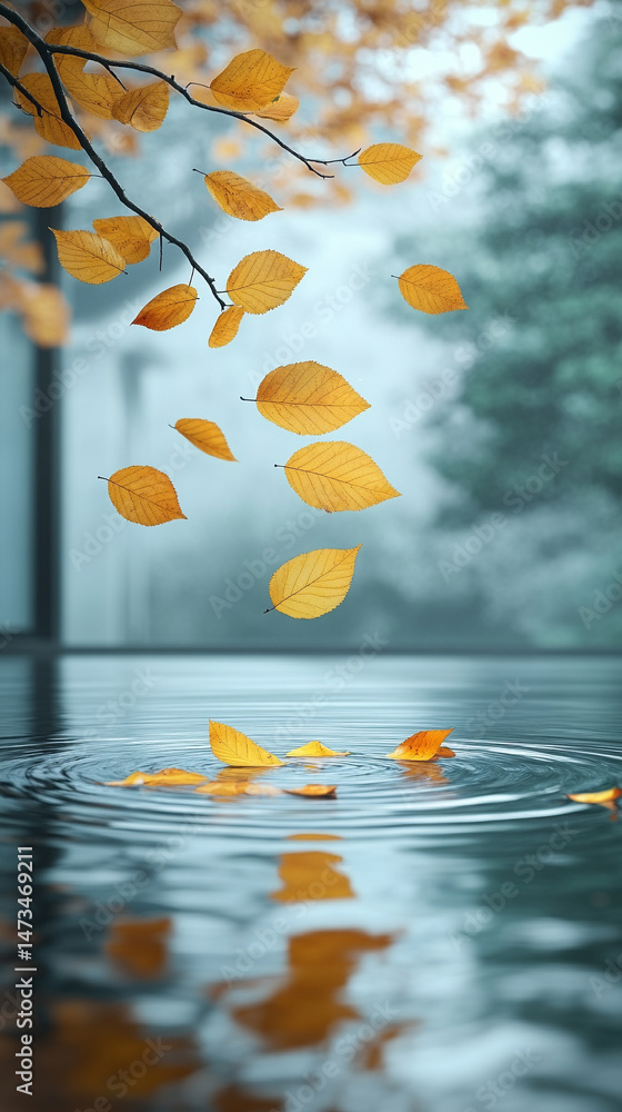 Hyperrealistic falling leaves cascade from a tree, symbolizing surrender and spiritual trust, with serene water reflections and a blurred minimalistic background enhancing the scene's contemplative mo