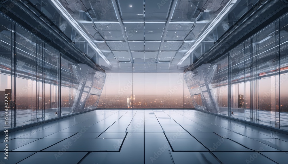 Obraz premium 3d render of abstract futuristic glass architecture with empty concrete floor
