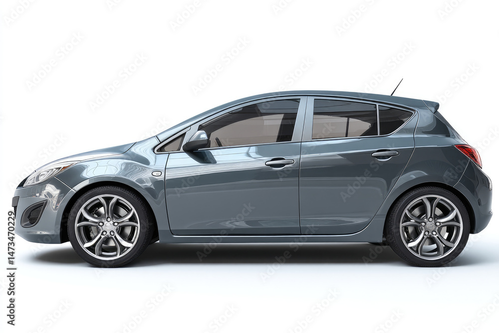 Fototapeta premium Sleek, metallic-grey hatchback, side profile view against white background