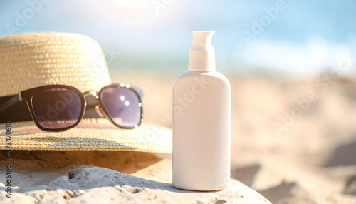 Beach essentials: Sunscreen, sunglasses, and hat for a sunny day at the coast.