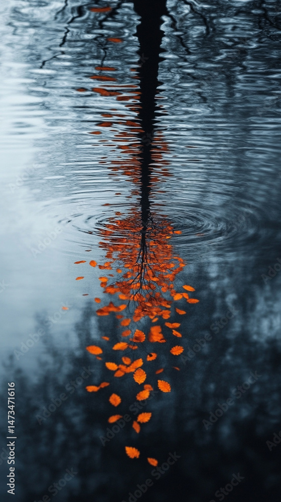 Hyperrealistic falling leaves cascade from a tree, symbolizing surrender and spiritual trust, with serene water reflections and a blurred minimalistic background enhancing the scene's contemplative mo